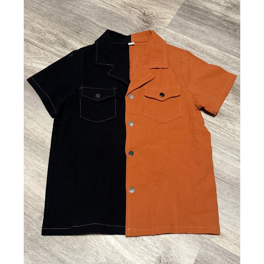 Kids Color Block Short Sleeve Button Up Shirt Orange Black Size 7 8Y